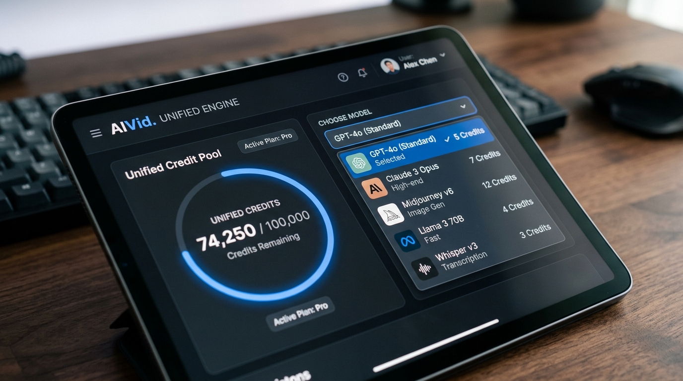 Professional UI mockup of the AIVid unified dashboard showing combined credit pools and centralized model selection.