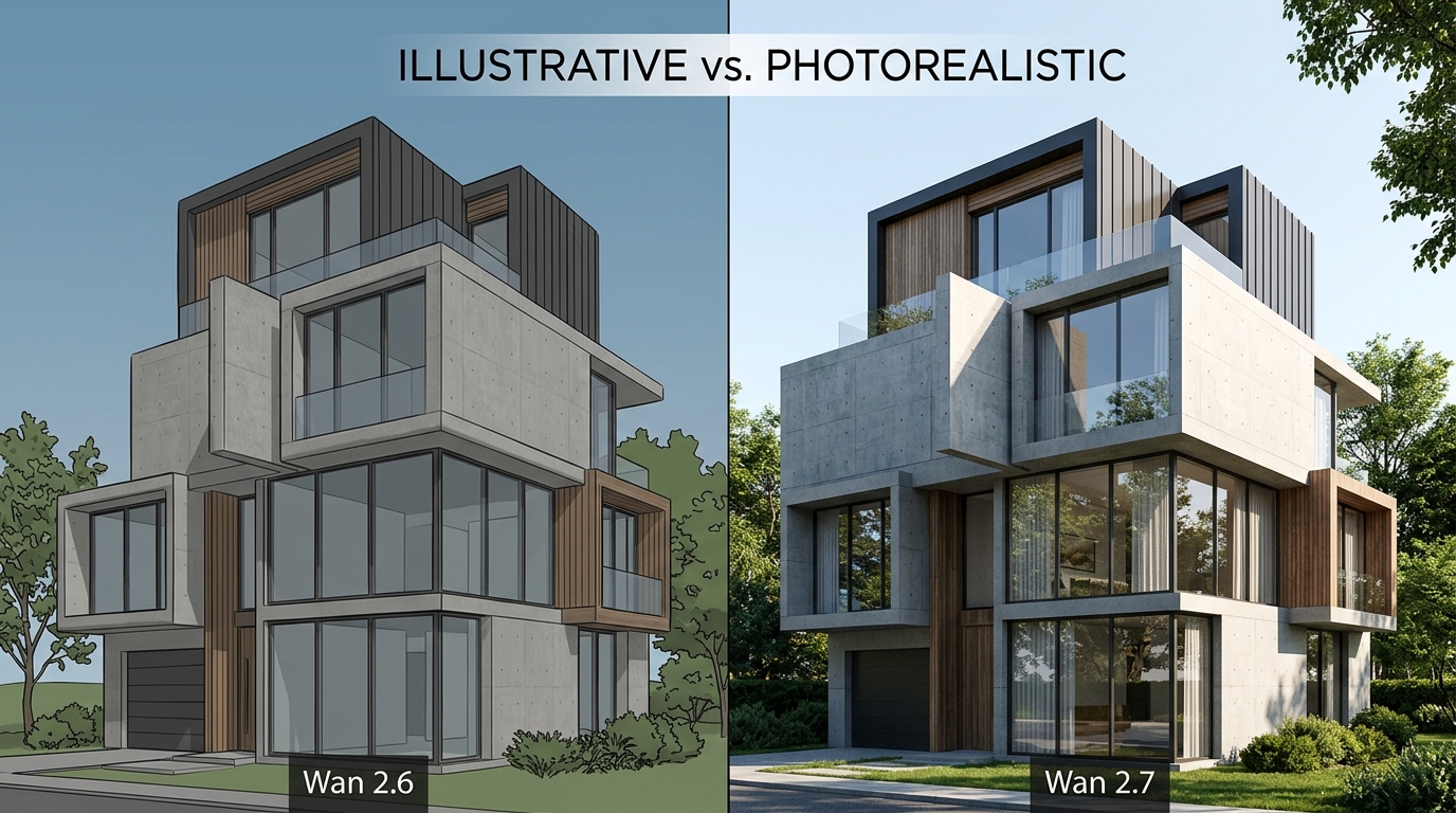A before and after comparison of Wan 2.6 illustrative output versus Wan 2.7 photorealistic AI image generation.