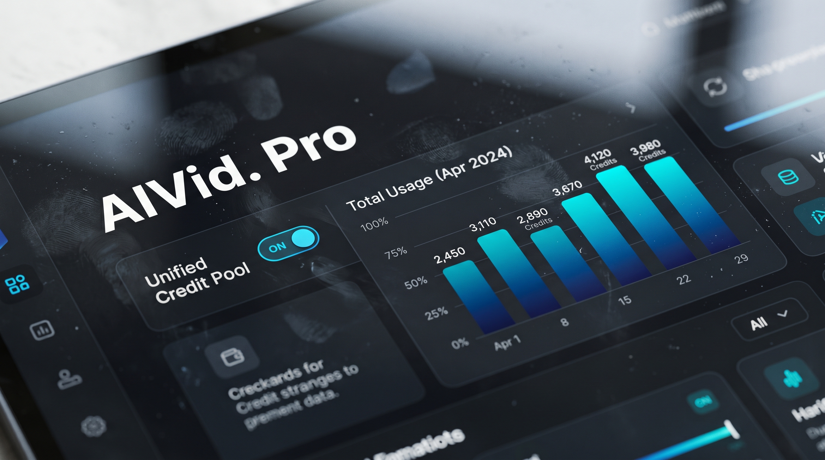 Macro shot of the AIVid. platform dashboard showing the unified credit pool feature.