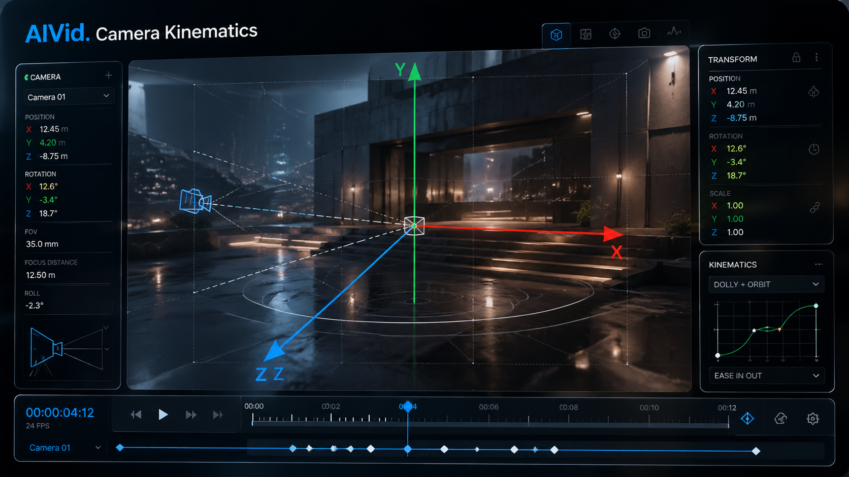 Macro view of a technical UI interface displaying X, Y, and Z axes mapping cinematic AI camera kinematics for advanced motion generation. [UI/UX Technical Shot] Macro shot of a sleek digital interface displaying X, Y, and Z 3D spatial axes superimposed over a cinematic virtual set. High-end glass textures and sharp data overlays. Typography: 'AIVid. Camera Kinematics'.
