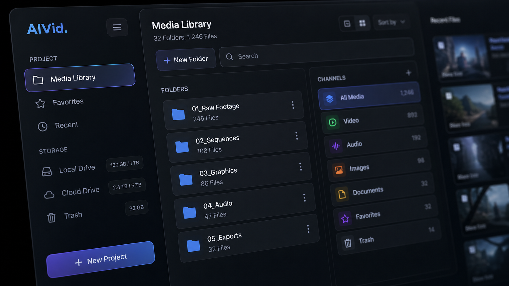 Macro view of a Discord private server interface for setting up the AI bot and organizing creative channels. [UI/UX Technical Shot] Macro photography of a dark-mode software interface. Crisp focus on digital folders and channel categories with sleek glassmorphism effects. Subtle AIVid. watermark integrated into the UI header.