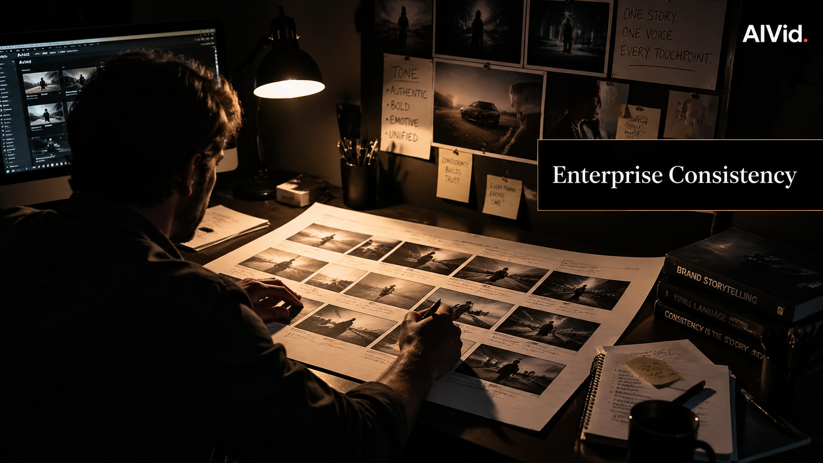Alt Text: A creative director finalizing a virtual influencer storyboard using a midjourney cref tutorial. Caption: Mastering character consistency opens the door to professional commercial rights and enterprise scaling. Long Description: High-end editorial photography showing an art director from behind, reviewing a fully consistent, multi-panel storyboard on a massive curved display. The lighting is moody and cinematic, emphasizing the professional studio environment. Rationale: Provides a fin