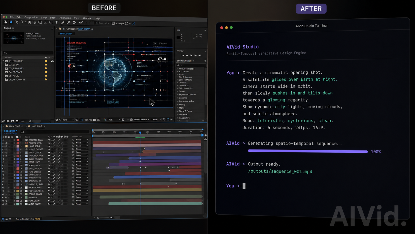 Side-by-side comparison of manual graphic design workflows versus modern Canva AI and Adobe Firefly generative prompting interfaces. [Before/After Split] A cinematic 16:9 split-screen macro shot. Left side: A cluttered, complex legacy software interface with dozens of manual graphic design layers and a mouse cursor. Right side: A clean, minimalist dark-mode terminal inputting natural language Spatio-Temporal prompts for a modern generative design workflow. Subtle 'AIVid.' transparent watermark i