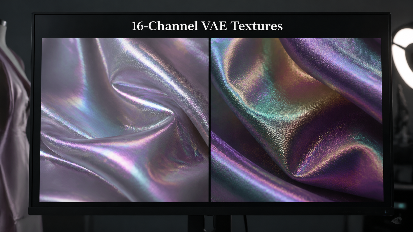 A high-end editorial display highlighting SD 3.5 features like the 16-channel VAE rendering photorealistic silk and micro-textures. [Editorial / Documentary] 16:9 wide-frame. High-end fashion editorial render comparison displayed on a studio monitor, zooming in on hyper-realistic iridescent silk micro-textures to demonstrate the 16-channel VAE. Typography Label: "16-Channel VAE Textures"