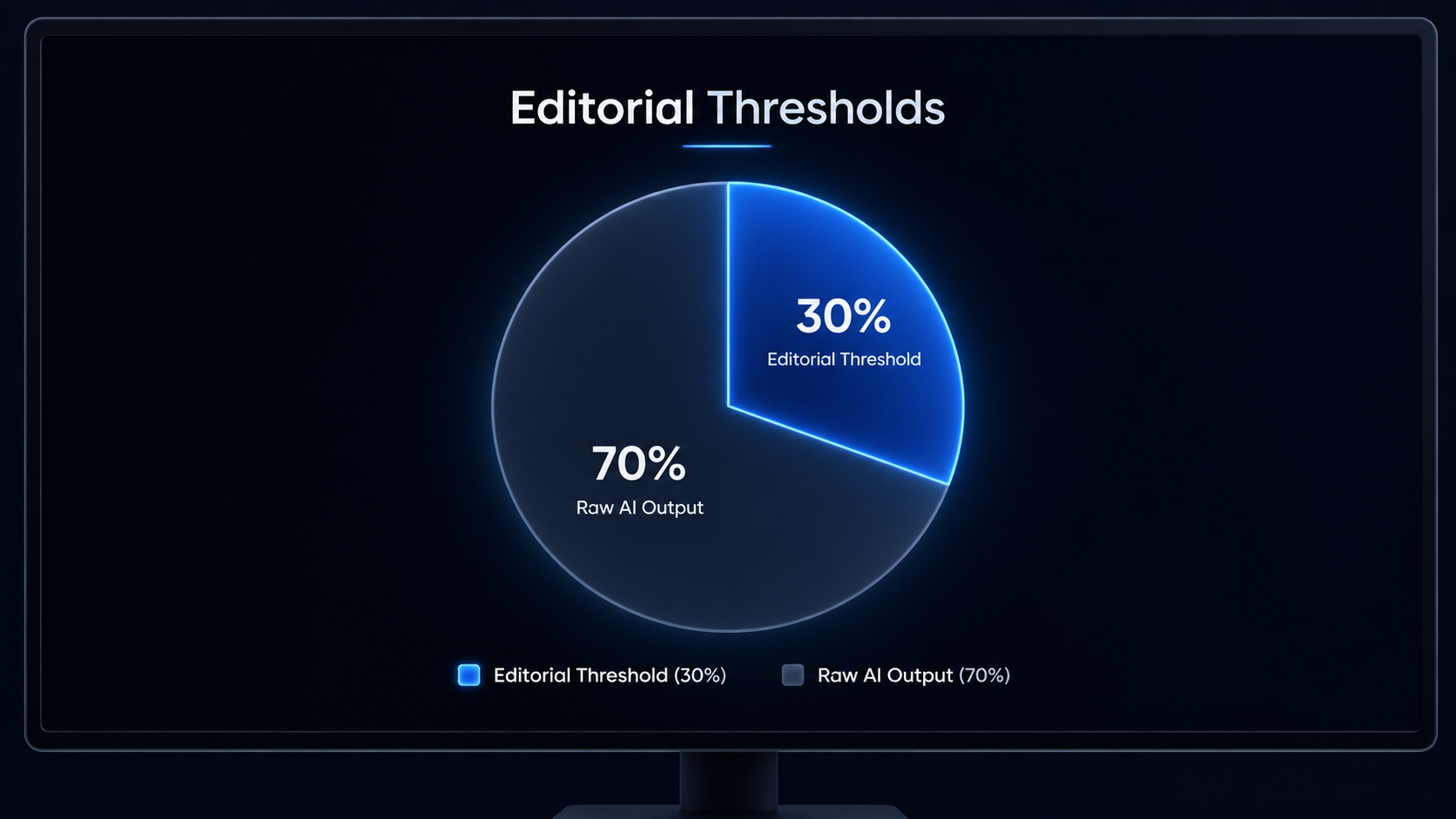 Pie chart showing the editorial input thresholds required to meet youtube monetization policies. [Data Chart / Table] Minimalist dark mode pie chart glowing subtly on a monitor, distinguishing a 30 percent editorial threshold from raw AI output data. Professional fintech aesthetic. Typography Label: "Editorial Thresholds"