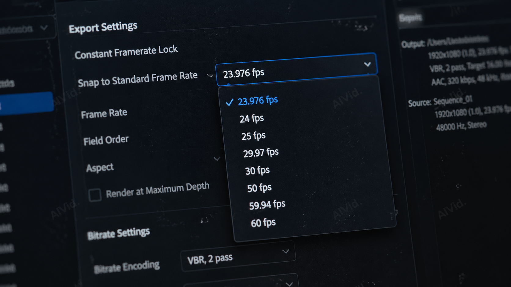 Macro UI shot of an export dialogue box setting the standard frame rate to 23.976 fps to avoid audio sync drift. Detailed 16:9 macro shot of a software export dialogue box. The focus is on the 'Snap to Standard Frame Rate' dropdown set to 23.976 fps. Photorealistic glass monitor texture, dark theme UI, subtle dust particles illuminated by the screen glow. Subtle, transparent 'AIVid.' watermark. Typography label: "Constant Framerate Lock".