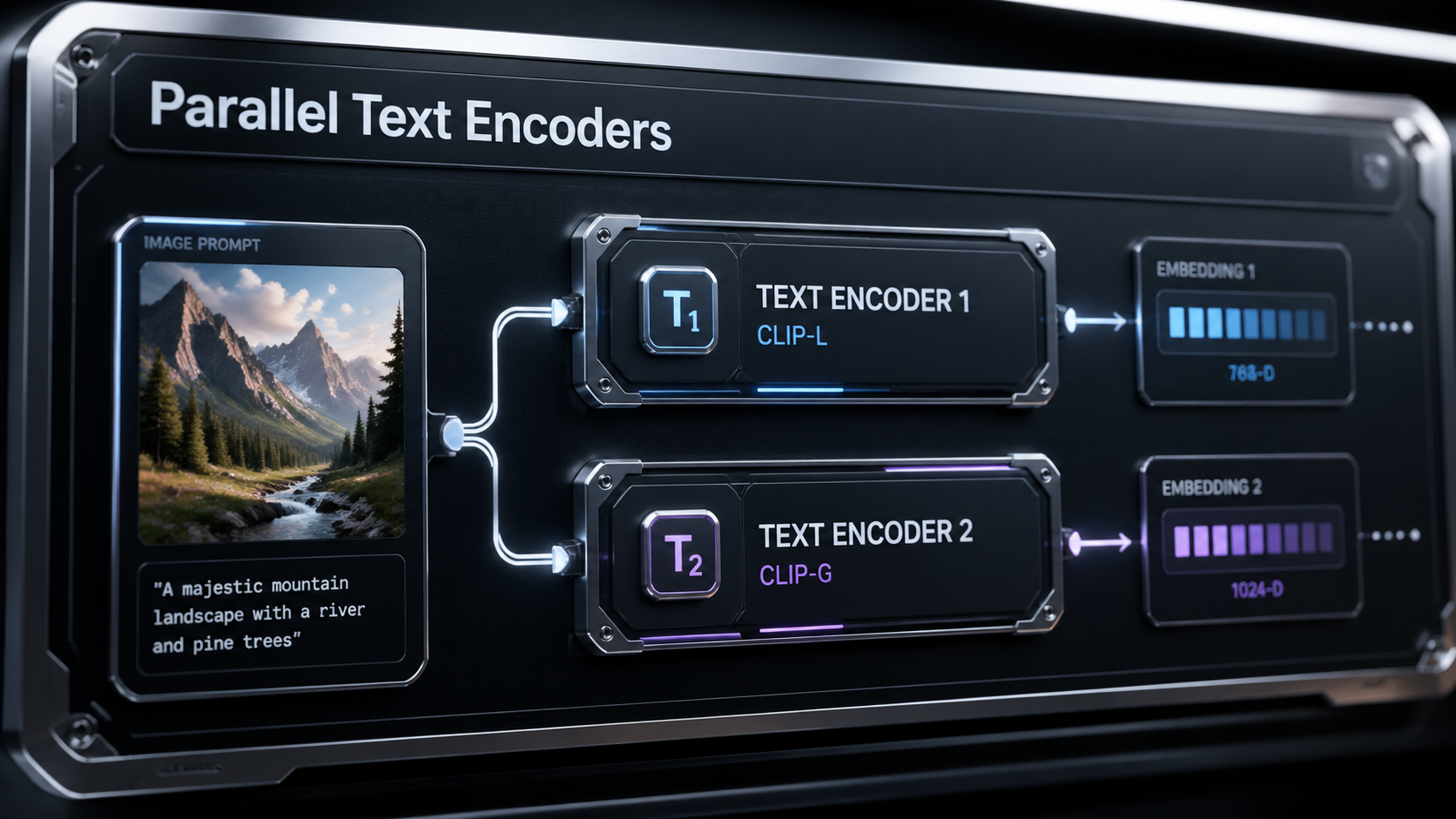 A close-up UI macro shot demonstrating the dual text encoders functioning inside the SDXL architecture for better prompt adherence. [UI/UX Technical Shot] 16:9 wide-frame. Macro shot of a sleek software interface displaying dual text encoders processing an image prompt, with focus on the metallic framing and high contrast lighting. Typography Label: "Parallel Text Encoders"
