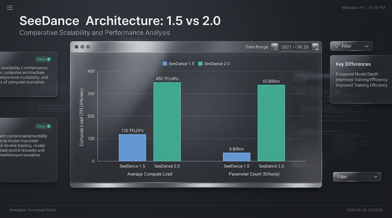 Minimalist dark-mode data graph comparing parameter efficiency and compute loads between SeeDance 1.5 Pro and 2.0.