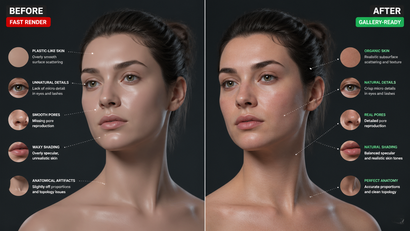 AIVid. Distilled Latency vs Full Diffusion - [Before/After Split] Side-by-side technical comparison. Left side shows a fast-rendered subject with smooth, plastic-like skin and anatomical artifacts. Right side displays gallery-ready organic pore reproduction and perfect human anatomy.