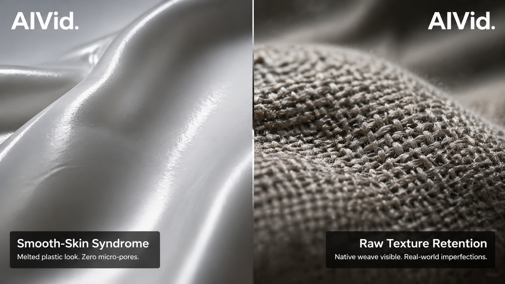 Before and after split demonstrating the smooth-skin syndrome of basic AI tools compared to the raw texture retention of professional models. A 1:1 split image focusing on high-fashion textile fabric. The left side shows "Smooth-Skin Syndrome," where the fabric looks like melted plastic with zero micro-pores. The right side shows native raw texture retention, revealing individual woven threads, stray fibers, and microscopic lighting imperfections. Cinematic macro photography.
