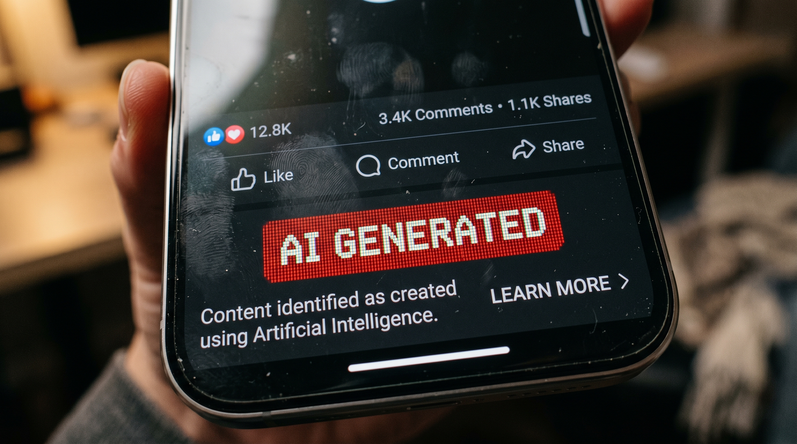 Macro photograph of a smartphone screen highlighting the mandatory 2026 AI generated content label and C2PA metadata enforcement.