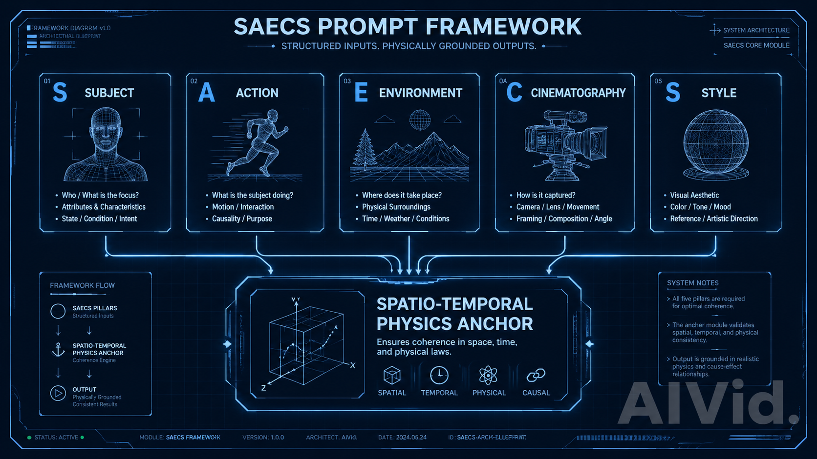 Architectural breakdown of the SAECS prompt framework for hyper-realistic text to video ai generation. Prompt: [Workflow Diagram] A sleek, technical architectural blueprint of the SAECS Prompt Framework. Five pillars (Subject, Action, Environment, Cinematography, Style) feeding into a central 'Spatio-Temporal Physics Anchor'. Rendered as a high-tech studio monitor display. Integrated typography watermark: 'AIVid.'.