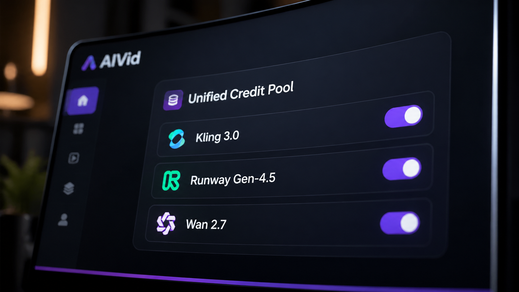 The AIVid platform unified dashboard showing seamless access to Kling 3.0, Runway Gen-4.5, and Wan 2.7 for professional video teams. [UI/UX Technical Shot] A stunning, macro shot of the AIVid platform dashboard on a curved OLED monitor. The UI clearly shows toggle switches for Kling 3.0, Runway Gen-4.5, and Wan 2.7 under a 'Unified Credit Pool' header. Cinematic depth of field.