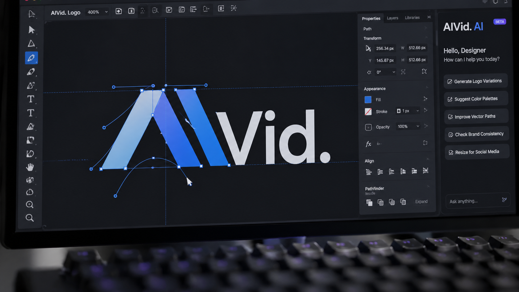 Close-up of vector software UI showing manual node manipulation to secure a trademarkable AI brand asset. [UI/UX Technical Shot] Extreme close-up of a premium matte monitor screen displaying a vector graphic editing interface. Visible mechanical keyboard in the blurred foreground. The screen shows intricate bezier curves and anchor points being manually adjusted on a corporate logo design. AIVid. integrated into the UI toolbar. 16:9.