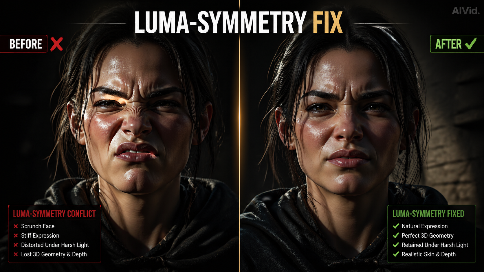 Alt Text: A before and after split fixing the scrunch face error in midjourney same character generation. Caption: Lowering your character weight preserves fluid physical movement and prevents shadow-baked facial distortions. Long Description: A technical 1:1 comparison. The left image shows an AI avatar suffering from the 'Scrunch Face' somatic error, where dark shadows distort the 3D facial structure. The right image shows flawless facial geometry achieved by dropping the character weight to -