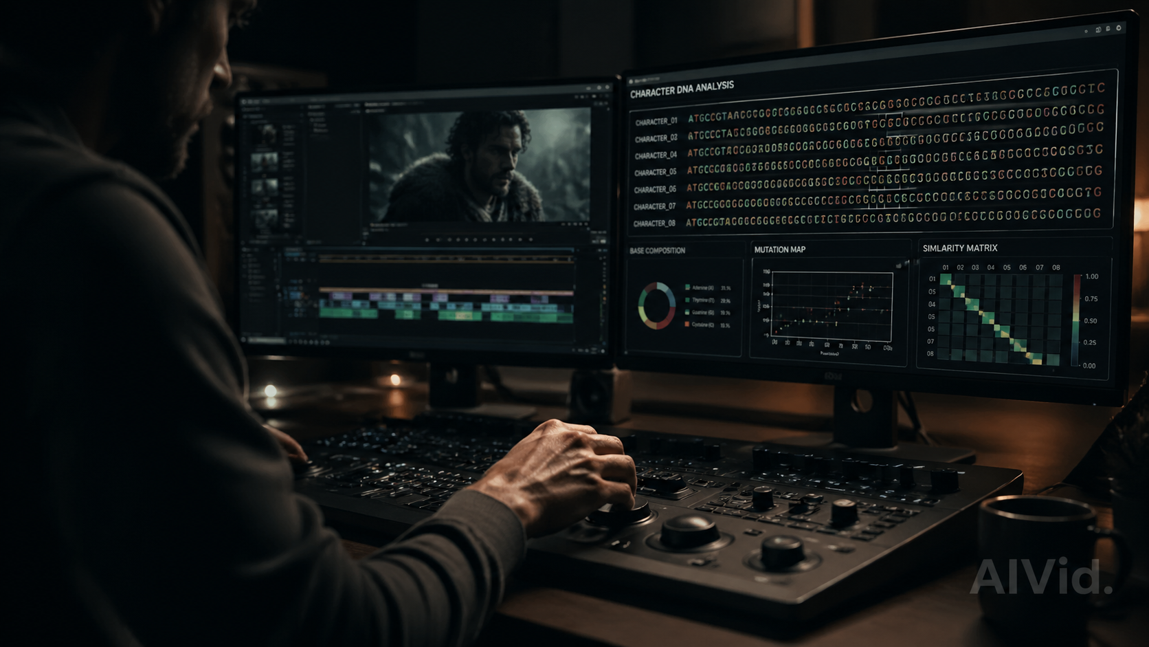 A professional video editor working in a dimly lit studio, focusing on character DNA prompting and zero-shot identity preservation. A 16:9 moody, high-contrast chiaroscuro photograph of a professional video editor analyzing character DNA strings on a dual-monitor setup in a dimly lit studio. Shallow depth of field focusing on the editor's hand on a tactile editing dial. Subtle 'AIVid.' watermark.