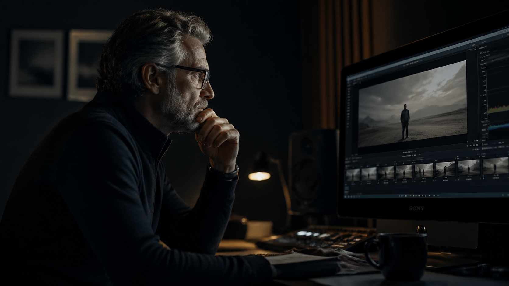 Creative director reviewing AI content generation quality gates in a professional tech workspace. High-end, moody chiaroscuro photography of a senior creative director reviewing temporal video sequences on a reference monitor in a dark editing suite, visible concentration, cinematic corporate workspace.