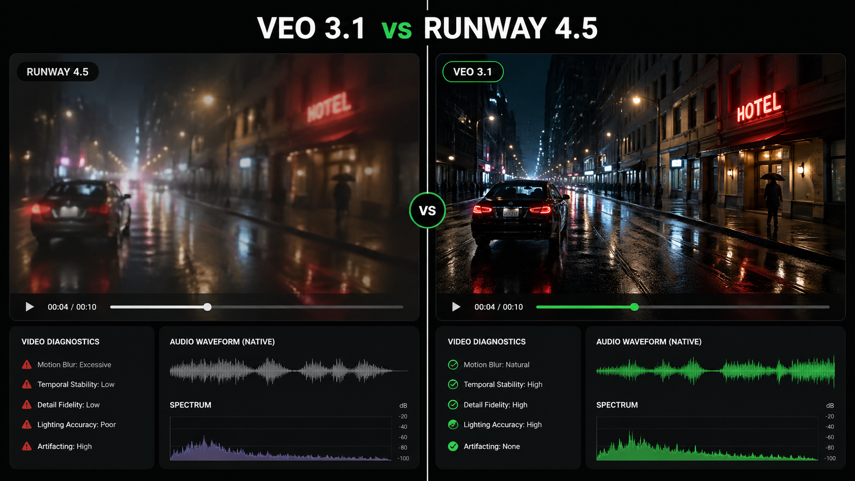 Before and after comparison between standard AI video artifacts and Google Veo 3.1 photorealism.