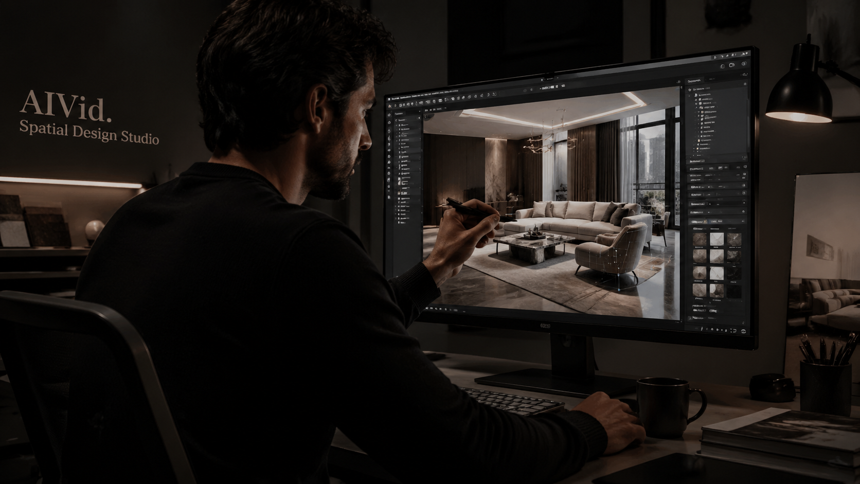 Designer using AI tools for property media and 3D virtual staging workflows. Moody, chiaroscuro editorial photography of a 3D visual artist sitting at a high-end workstation adjusting digital furniture in a luxury virtual staging environment. Focus on the sharp details of the digital stylus and matte screen. Integrated typography label: AIVid. Spatial Design Studio.