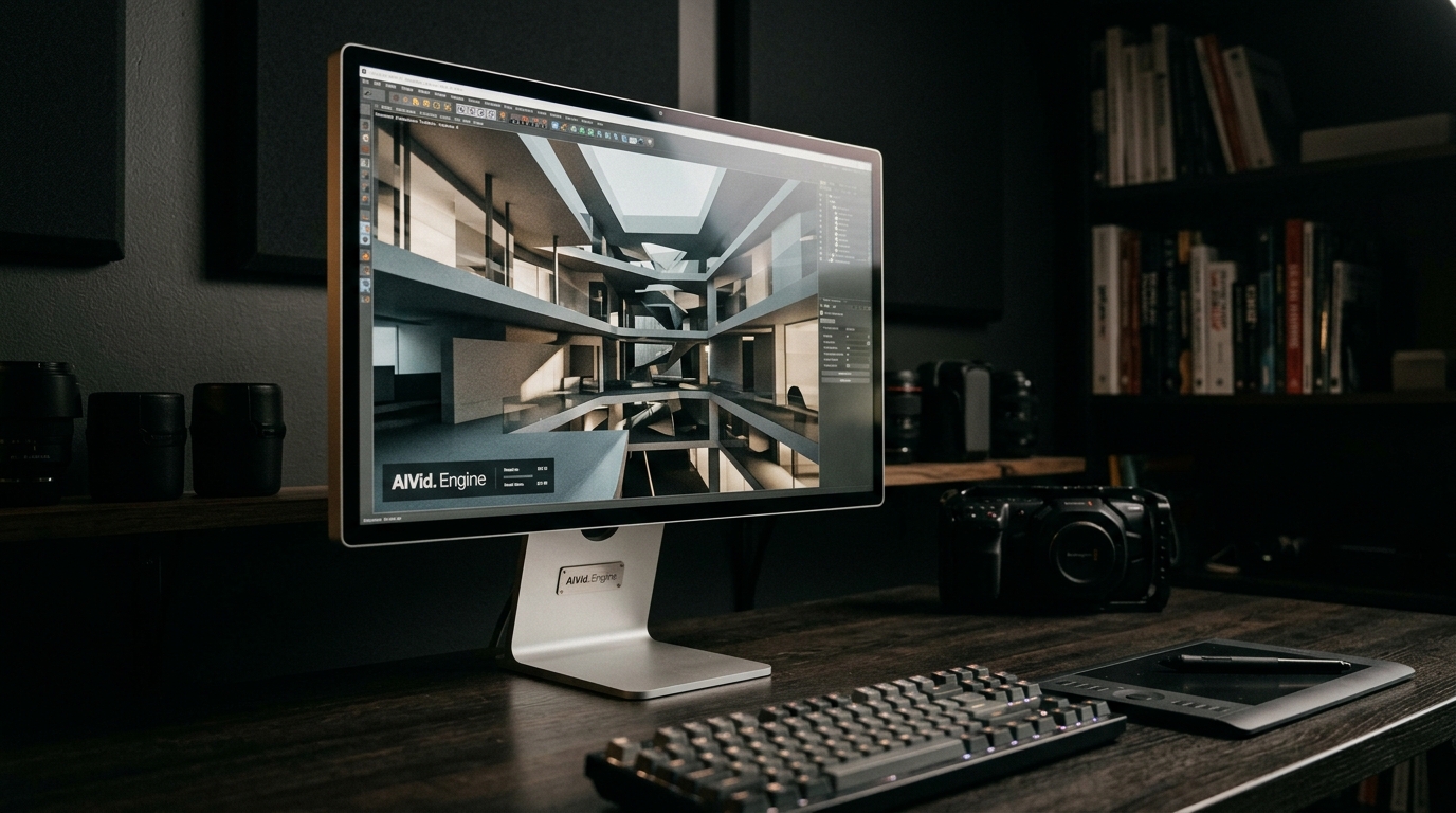 Professional creator workspace featuring a high-end monitor displaying complex 3D rendering software.