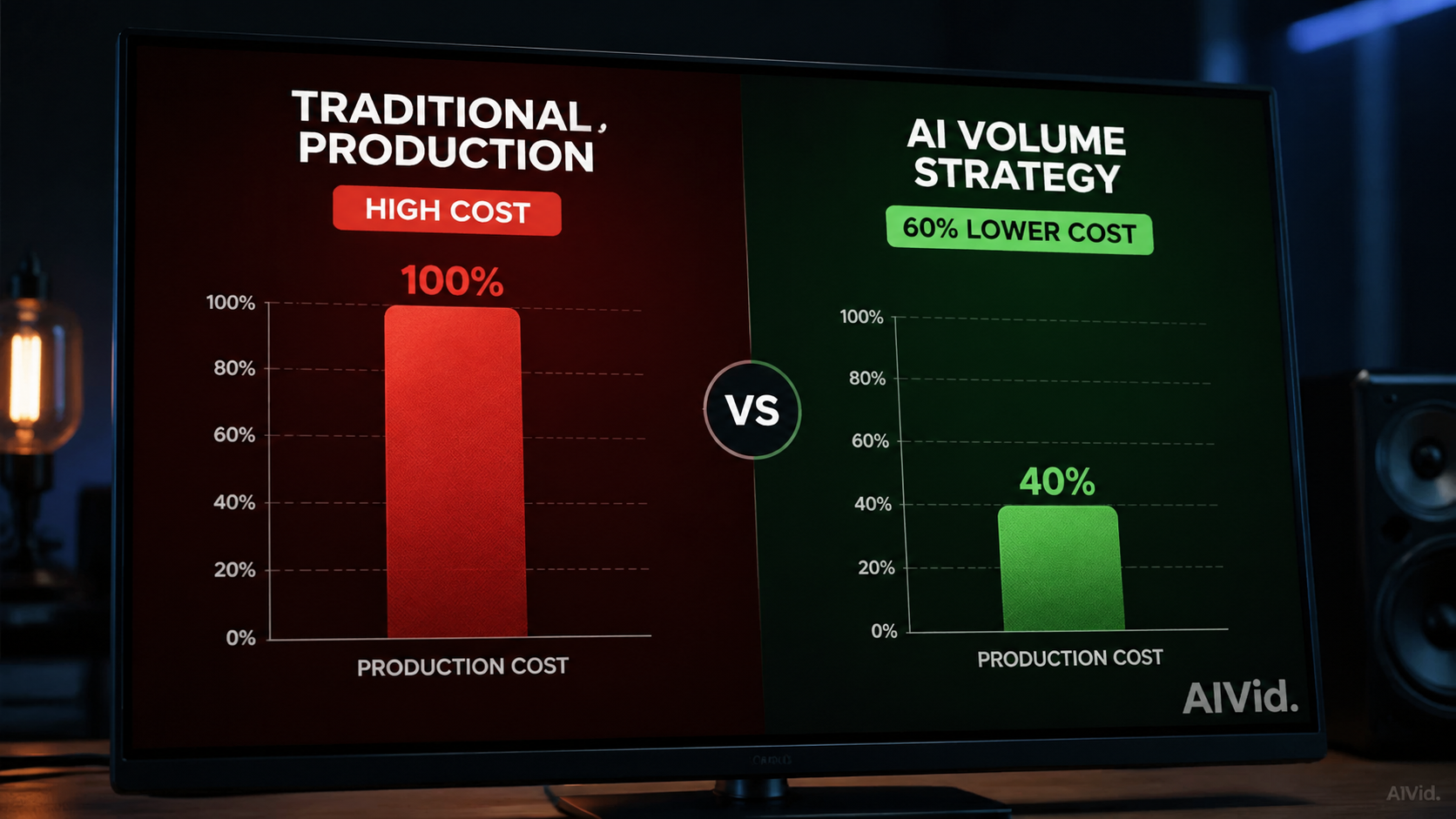 Bar chart comparing high traditional video costs with the economical text to video ai volume strategy. Prompt: [Data Chart / Table] Split bar chart interface showing 'Traditional Production' (high cost, red) versus 'AI Volume Strategy' (60% lower cost, green). Sharp 4K resolution screen texture, photographed with shallow depth of field in a dimly lit studio. Integrated typography watermark: 'AIVid.'.