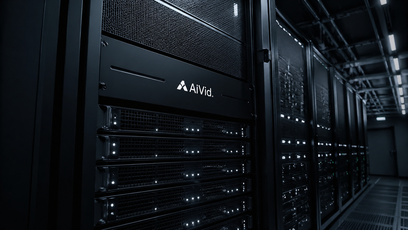 Cloud-native AI video production pipeline bypassing local vram management ai limitations. [Editorial / Documentary] A high-end cinematic wide shot of a massive, sleek enterprise server rack pulsing with subtle white activity lights, representing professional cloud infrastructure. Grounded, realistic tech photography. 'AIVid.' logo cleanly placed on the server chassis.
