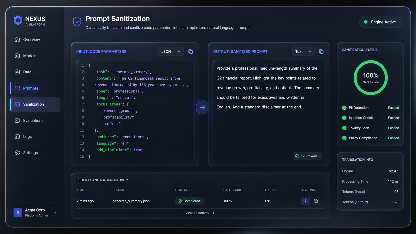 AIVid. Unified Orchestration Interface - [UI/UX Technical Shot] Close-up of a modern, centralized platform dashboard featuring a 'Prompt Sanitization' module dynamically translating code parameters. Smooth frosted glass UI effects over a dark aluminum chassis.