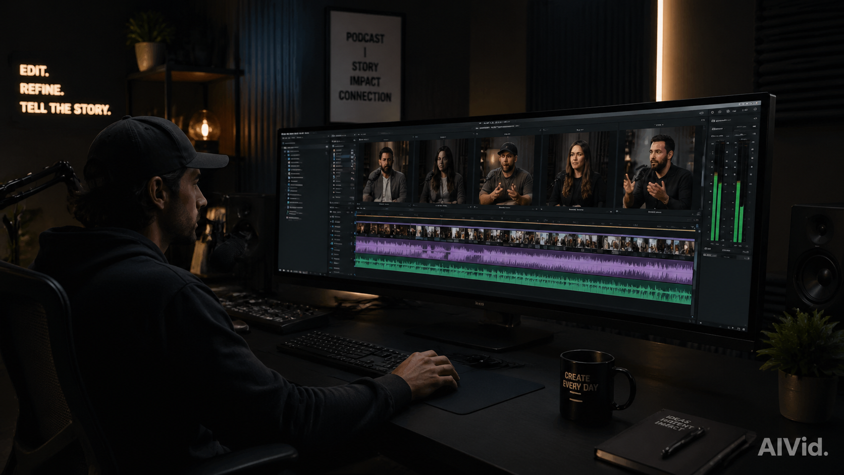 Professional podcast producer utilizing an AI video editor to automate shorts generation on a multi-monitor desk setup. Editorial documentary shot of a high-end podcast editing studio in moody Chiaroscuro lighting, featuring a creator analyzing multi-track vertical video timelines on a sleek ultra-wide monitor, subtle reflections on the glass display, AIVid. watermark in the corner.