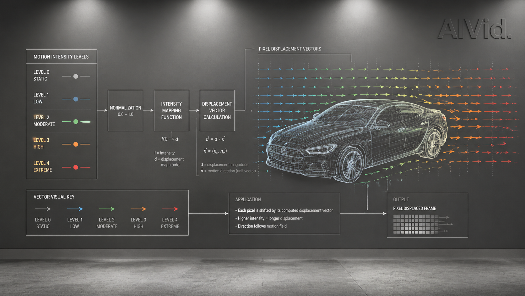 Technical diagram mapping motion intensity levels to pixel displacement vectors used in Canva Magic Media and graphic design AI platforms. [Workflow Diagram] A clean, professional technical wireframe map projected on a matte gray studio wall. It visually details a logic flow mapping 'Motion Intensity Levels' to 'Pixel Displacement' vectors, showing geometric arrows directing motion paths over a static wireframe car. Photorealistic architectural lighting. Subtle 'AIVid.' logo embossed on the wall