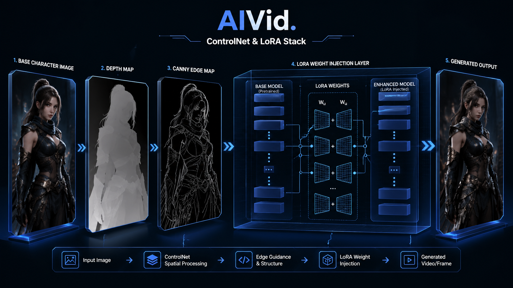 Workflow diagram illustrating the Stable Diffusion ControlNet depth mapping and LoRA weight injection for absolute visual control in an AI image generator. A sophisticated multi-layer 3D diagram visualizing a precise generation pipeline. Shows a base character image breaking down into a black-and-white depth map, then a Canny edge map, and finally a LoRA weight injection layer. Crisp architectural lines, neon-blue wireframes, dark slate background.