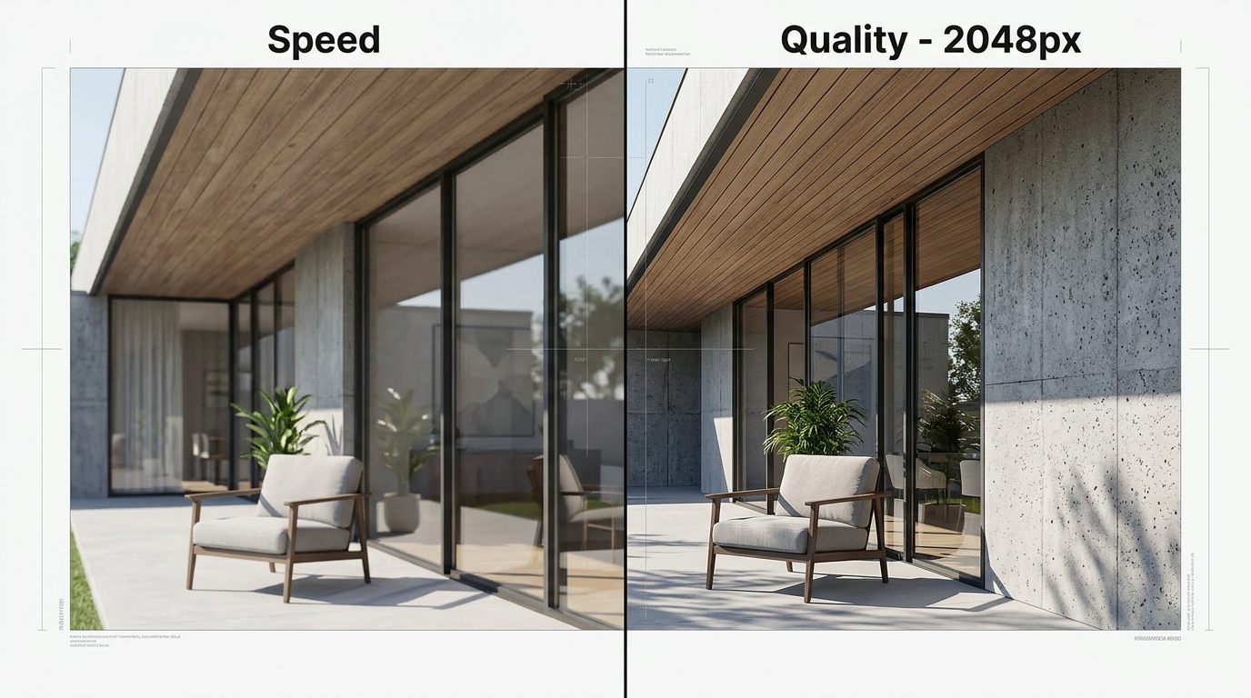 Before and after comparison of Grok Imagine Speed Mode versus the high-fidelity 2048px Quality Mode.