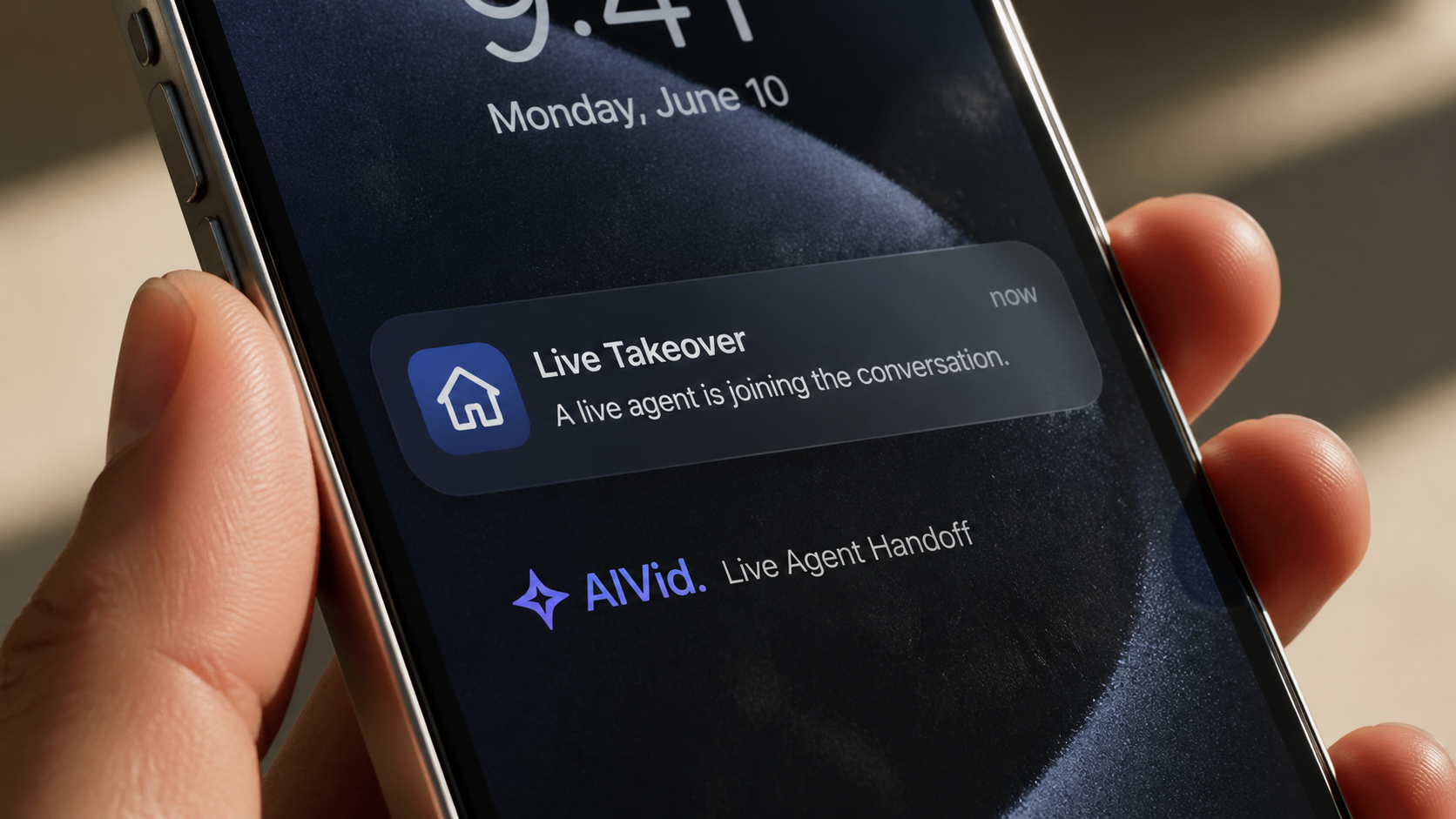 Smartphone displaying a live takeover notification from an automated real estate chatbot. Extreme close-up of a titanium smartphone screen in a user's hand showing a 'Live Takeover' push notification from a real estate CRM. Subtle fingerprints on the glass, natural sunlight casting a realistic shadow. Integrated typography label: AIVid. Live Agent Handoff.