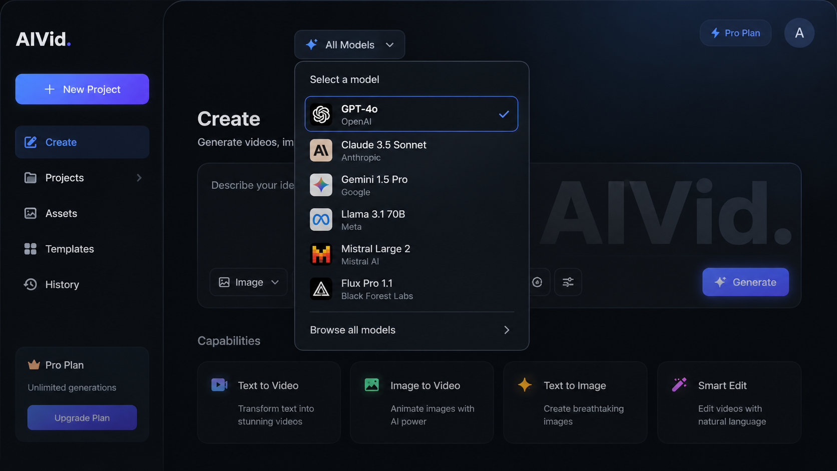 Centralized multi-model dashboard UI integrating multiple text to video ai tools into a single production workflow. Prompt: [UI/UX Technical Shot] High-end close-up of a centralized, unified multi-model dashboard. The UI seamlessly integrates leading generation models into a single intuitive dropdown menu, representing the end of platform silos. Polished dark mode aesthetic. Integrated typography watermark: 'AIVid.'.