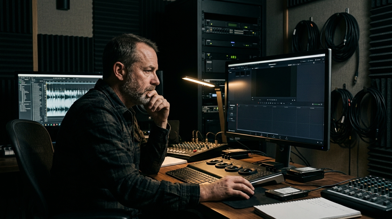 Cinematic photograph of a professional video editor in a dark studio workspace reflecting on creative workflow constraints.
