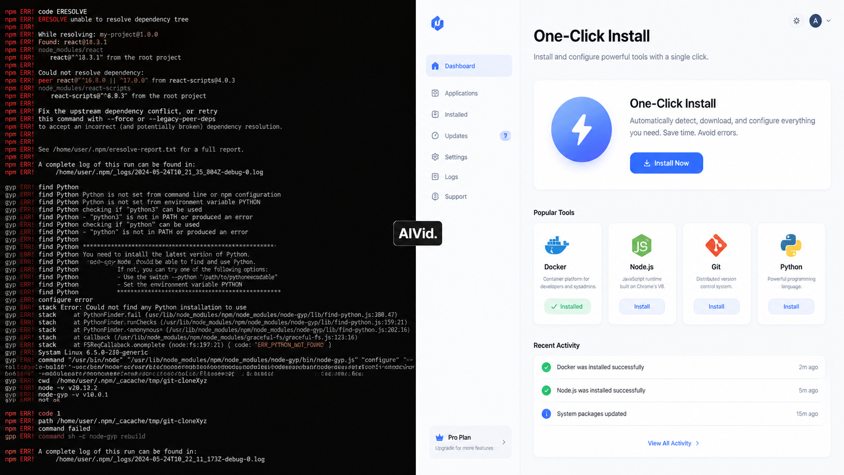 Comparing manual stable diffusion comfyui installation errors against the clean one-click installer dashboard. [Before/After Split] Left side shows a chaotic block of dense terminal error code; right side shows a clean, minimalist 'One-Click Install' software dashboard. High contrast, technical documentation style. 'AIVid.' watermark placed exactly on the dividing line.