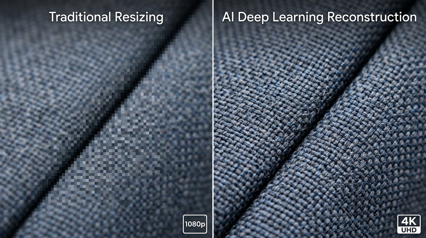 Side by side comparison showing traditional 1080p pixel interpolation versus sharp deep learning AI reconstruction.