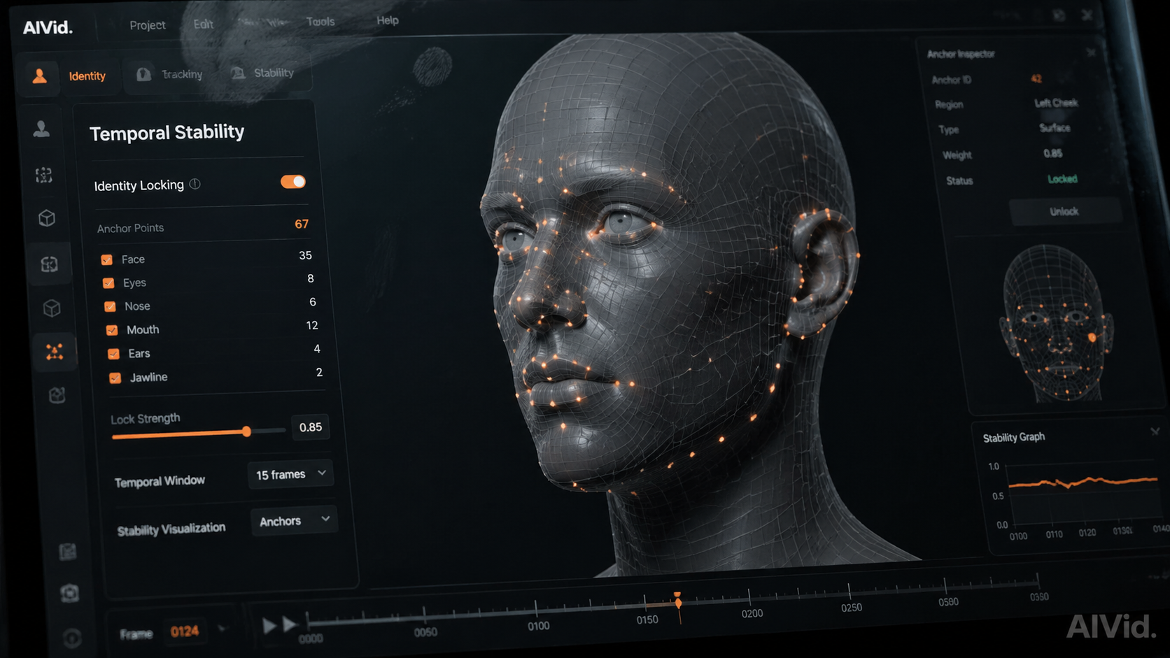 A close-up software interface displaying vertex stability and fixed feature embeddings for consistent character AI video. A 16:9 macro technical shot of a sleek software interface displaying a 3D character mesh with identity locking anchors. Deep graphite tones, glowing orange vertex points, fingerprint smudges on the glass display. Typography 'Temporal Stability' visible. Subtle 'AIVid.' watermark.