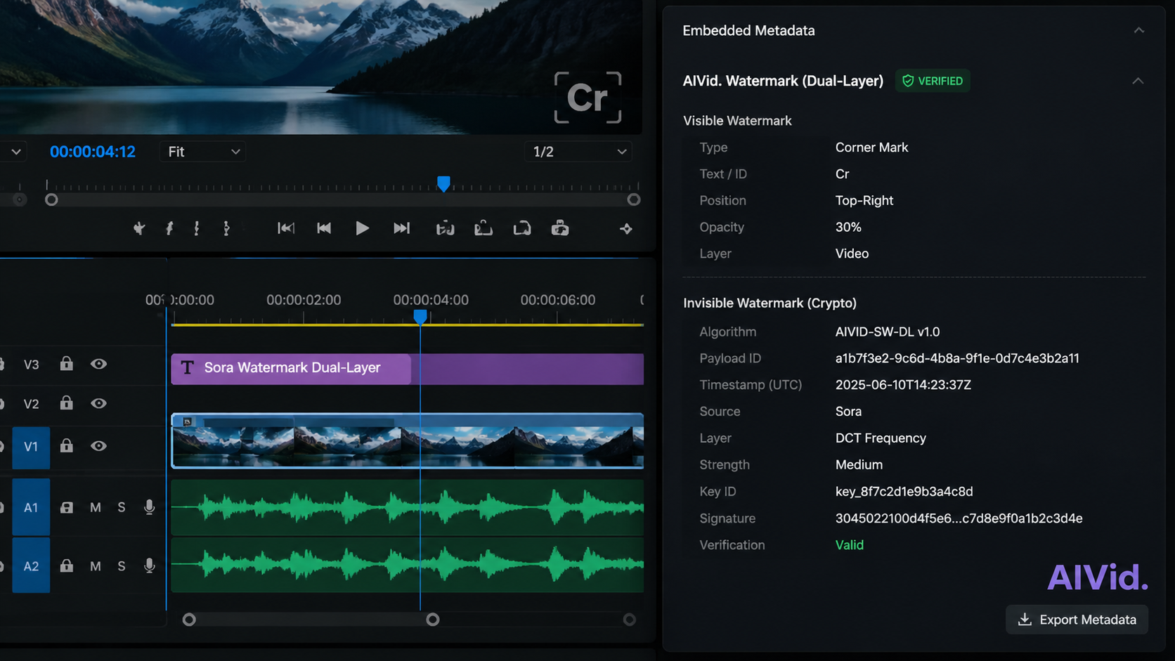 Video editing software UI showing Sora watermarks and embedded cryptographic metadata tags for provenance tracking. Macro close-up of a professional video editing timeline interface highlighting an embedded cryptographic metadata panel and a subtle 'Cr' visible watermark in the corner. High-fidelity pixel textures.
