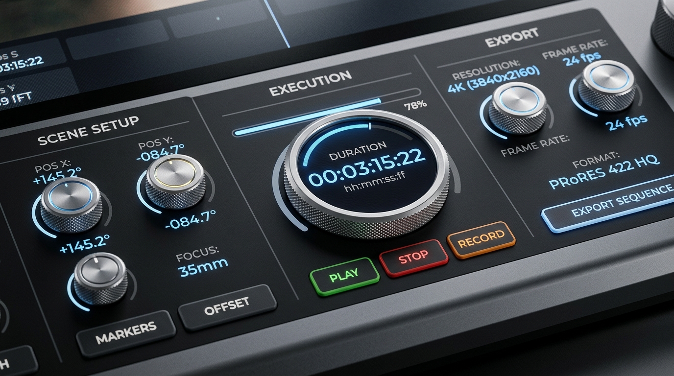 Close-up view of a digital control panel interface displaying scene setup and execution parameters.