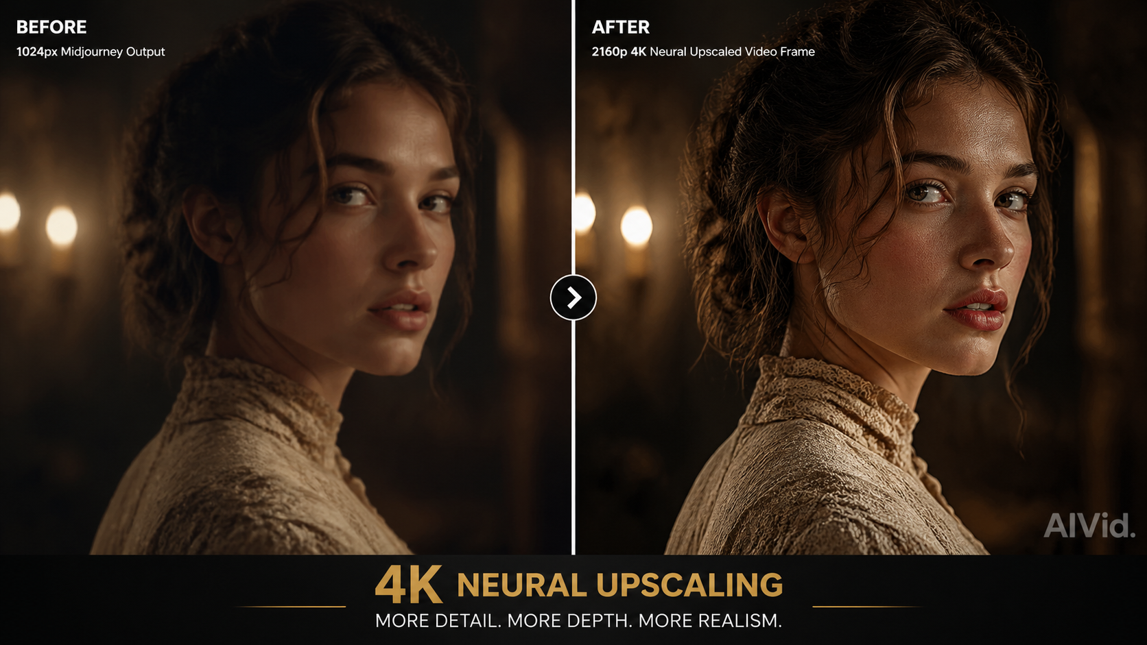 Alt Text: Before and after showing a 1024px midjourney character creation upscaled to a 4K cinematic video frame. Caption: Neural upscaling converts standard generations into massive 2160p commercial video assets. Long Description: A side-by-side split demonstrating the power of AI upscaling. The left frame shows a standard 1024px static character output. The right frame shows the exact same face rendered as a hyper-detailed 4K video asset, with incredible macro detail on the skin pores and clot
