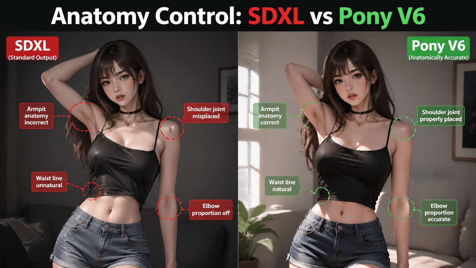 A before and after comparison showing the anatomical improvements of pony diffusion models over base SDXL generations. [Before/After Split] 16:9 wide-frame. 1:1 split screen showing a standard SDXL output with anatomical errors on the left, and a precise, anatomically flawless character generated by Pony V6 on the right. Typography Label: "Anatomy Control: SDXL vs Pony V6"