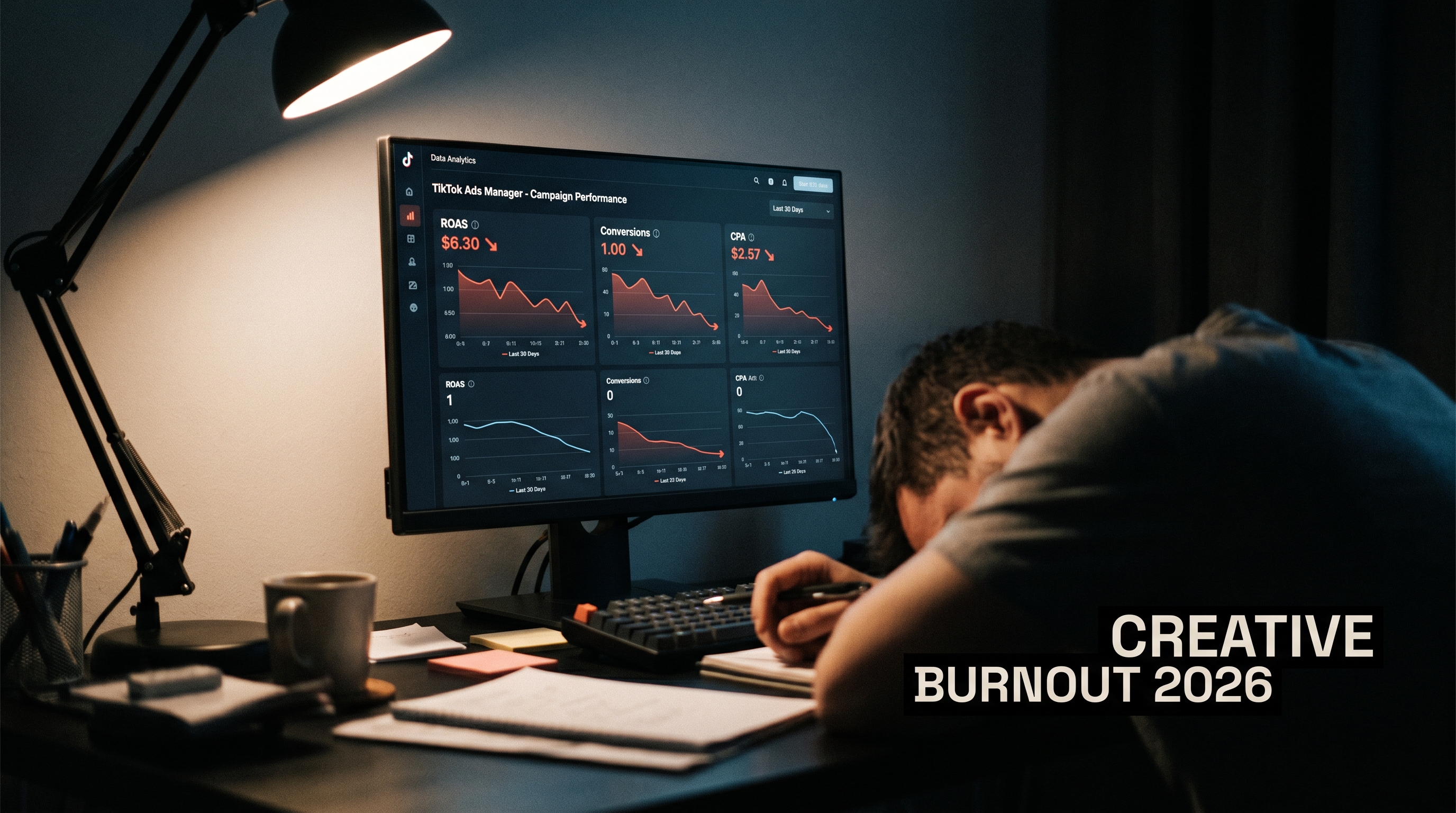 Moody editorial photograph of a marketer analyzing declining TikTok campaign metrics on a dark computer monitor.