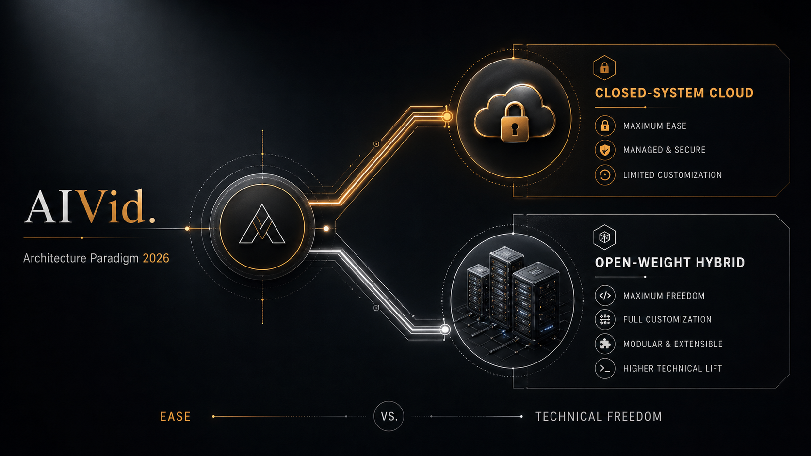 Workflow diagram illustrating the AI image generation paradigm split between closed-system cloud and open-weight hybrid architectures. Essential for finding the best AI art generator for commercial use. A minimalist, high-end technical schematic showing a branching path from a central node. One path goes to "Closed-System Cloud" with sleek lock icons, the other to "Open-Weight Hybrid" with detailed server nodes. Chiaroscuro lighting, dark slate background, crisp white and amber geometric lines.