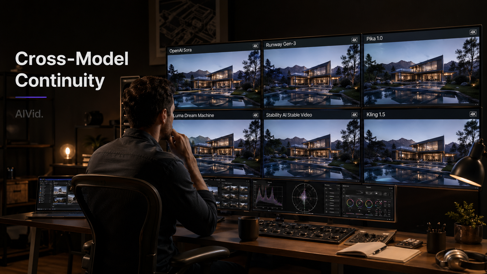 Agency producer managing cross-model cinematic ai video consistency on a multi-monitor studio setup. Prompt: [Editorial / Documentary] A 16:9 cinematic shot of an agency producer looking at a multi-monitor setup displaying perfectly consistent 4K video frames across multiple AI models. Rich architectural studio lighting. Typography Label: 'Cross-Model Continuity' with subtle AIVid. watermark.