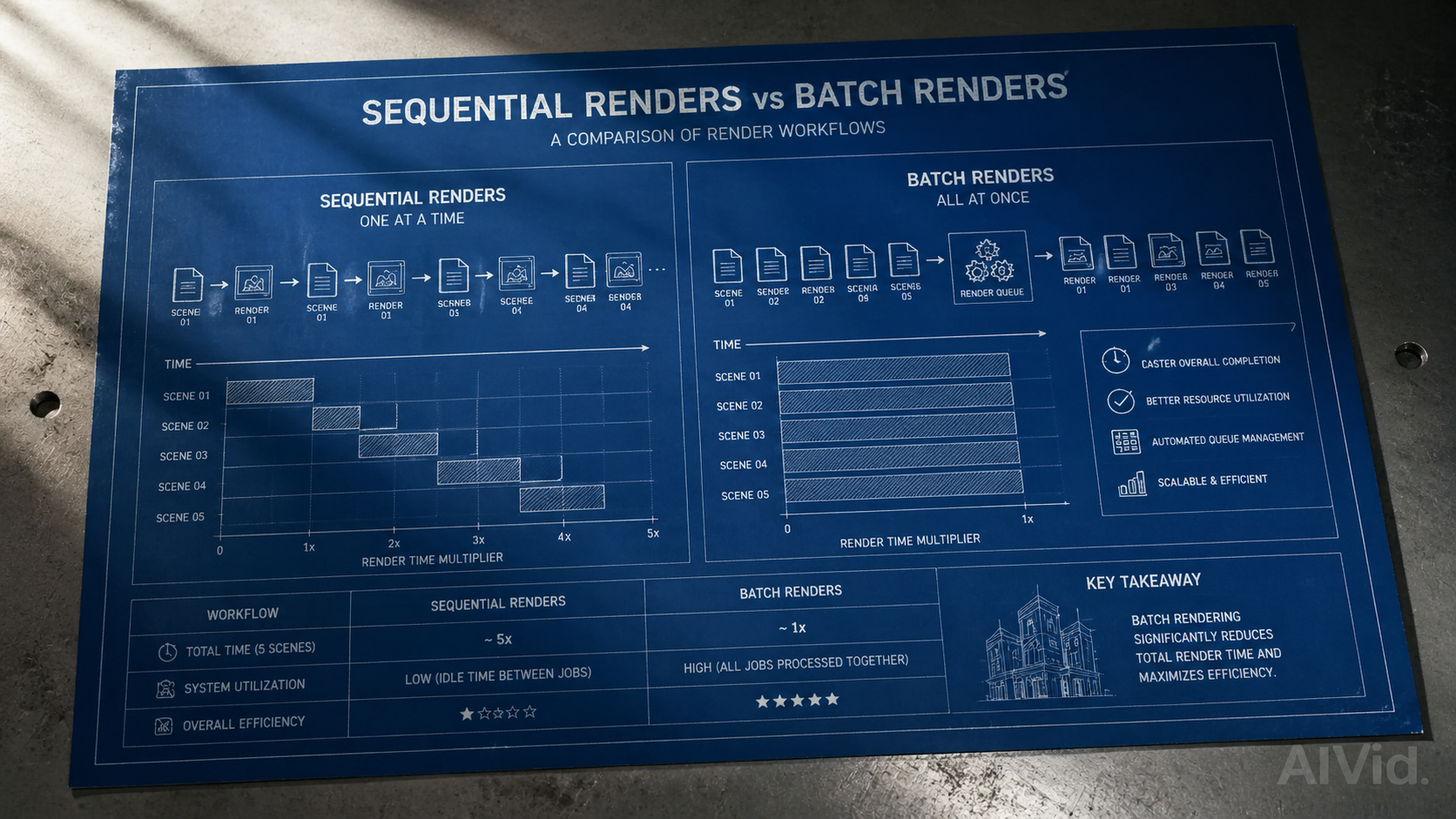 A data comparison chart showing how batch rendering reduces facial variance to under 2 percent compared to sequential renders. A 16:9 macro photograph of an architectural blueprint-style data chart comparing sequential renders versus batch renders. The chart is laid flat on a metal surface under stark, directional lighting, casting long shadows. Subtle 'AIVid.' watermark.