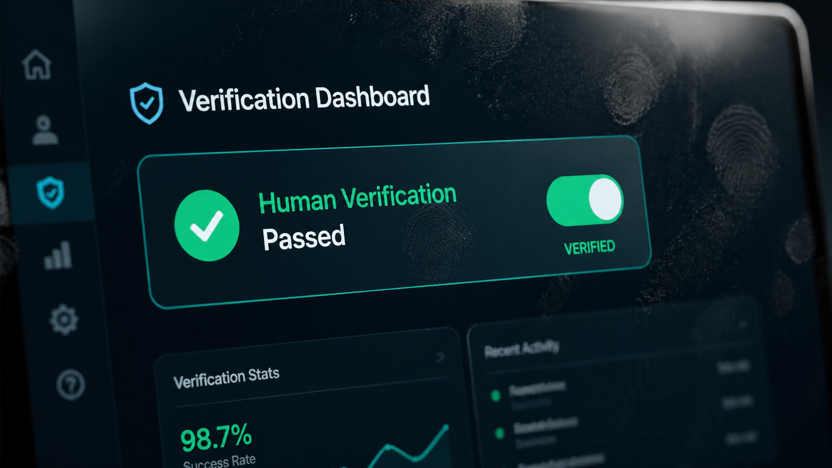 Close-up of a digital verification dashboard confirming human-in-the-loop quality gating for an AI marketing 2026 strategy. Macro close-up of a digital verification dashboard with a crisp Human Verification Passed toggle switch, subtle fingerprints visible on the glass screen, shallow depth of field, professional software aesthetic.