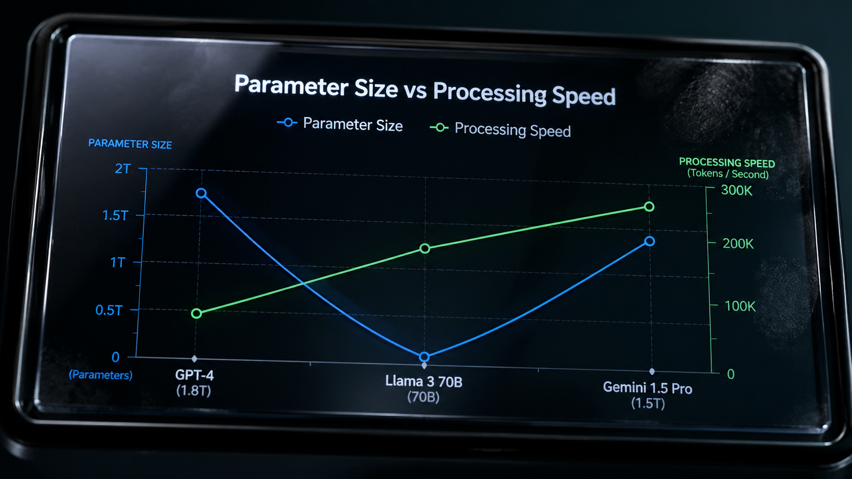 AIVid. Model Architecture Hardware Scaling - [Data Chart / Table] A sleek, dark-themed macro shot of a glass display showing a line graph comparing 'Parameter Size' to 'Processing Speed' across three massive AI models, featuring subtle reflections and fingerprint textures on the glass.