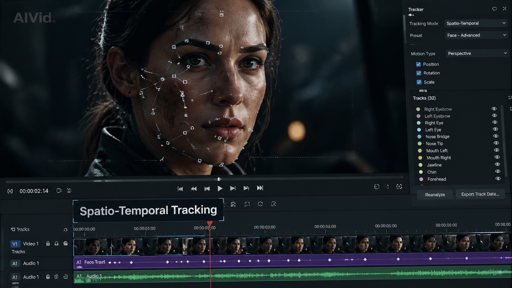 Alt Text: A video editing timeline animating a static image using Kling 3.0 and the midjourney cref tutorial techniques. Caption: Spatio-temporal prompting keeps your facial landmarks intact during 4K cinematic motion. Long Description: A macro shot of a complex video animation timeline on a professional monitor. The interface displays reference-point anchoring and motion tracking applied to an AI character's face. The workspace is dimly lit in a chiaroscuro style, highlighting the sharp pixels