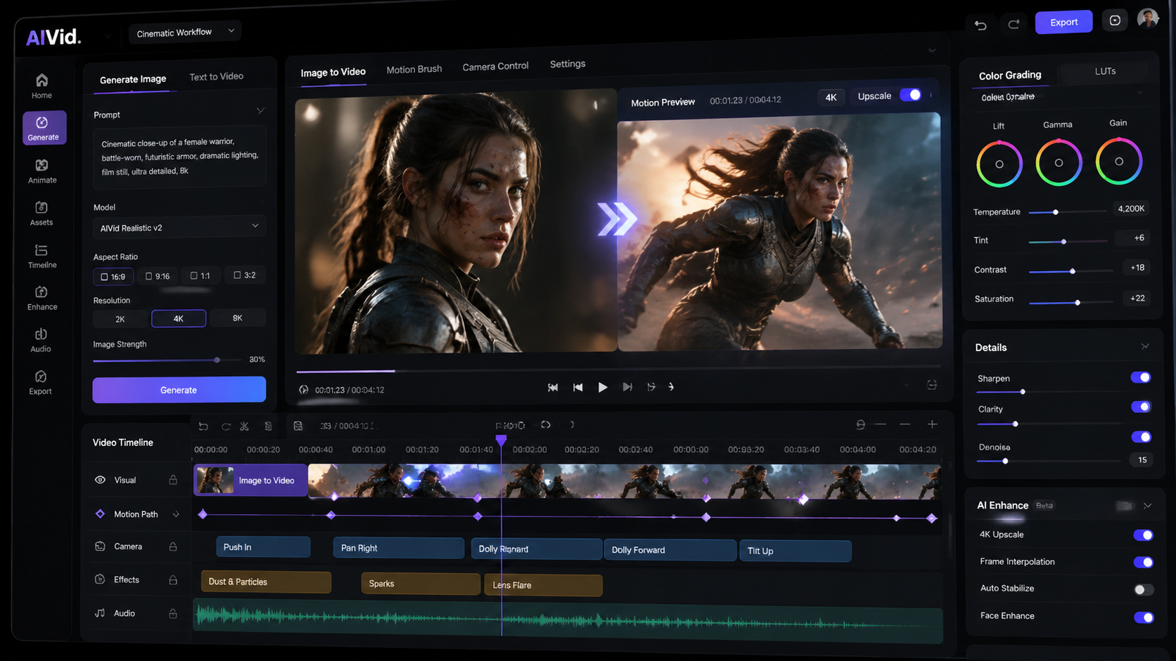 Technical UI shot of the AIVid centralized pipeline interface merging AI image generation and cinematic video motion in one canvas. A dynamic, angled shot of a futuristic but grounded software interface. The screen displays a highly detailed cinematic character portrait that is actively transitioning into a motion sequence on a video timeline. Professional color grading wheels, keyframe markers, and 4K upscale toggles are visible. Dark UI, studio lighting.