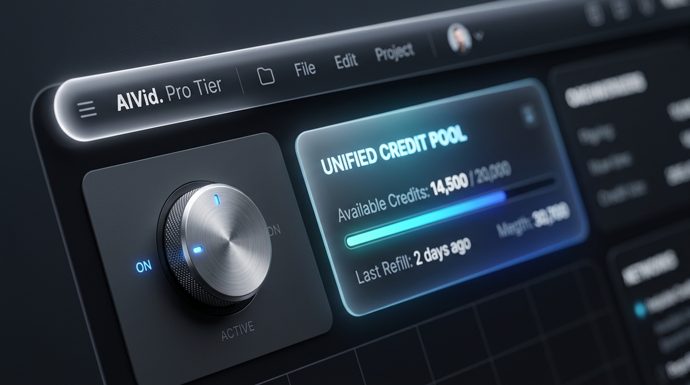 AIVid software dashboard showing unified credit pool and Pro Tier subscription tools.